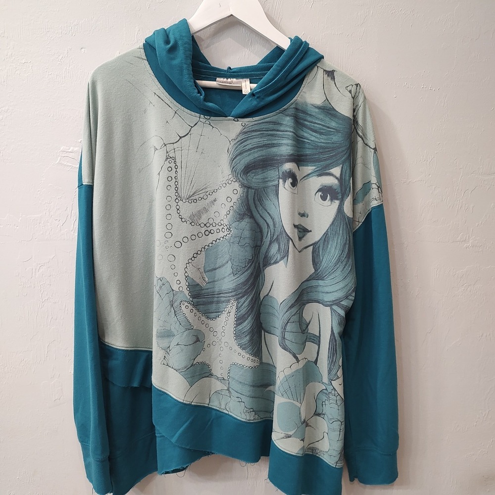 Disney boutique Little Mermaid Ariel sweatshirt hoodie sketch raw hem Sz 1X Blue